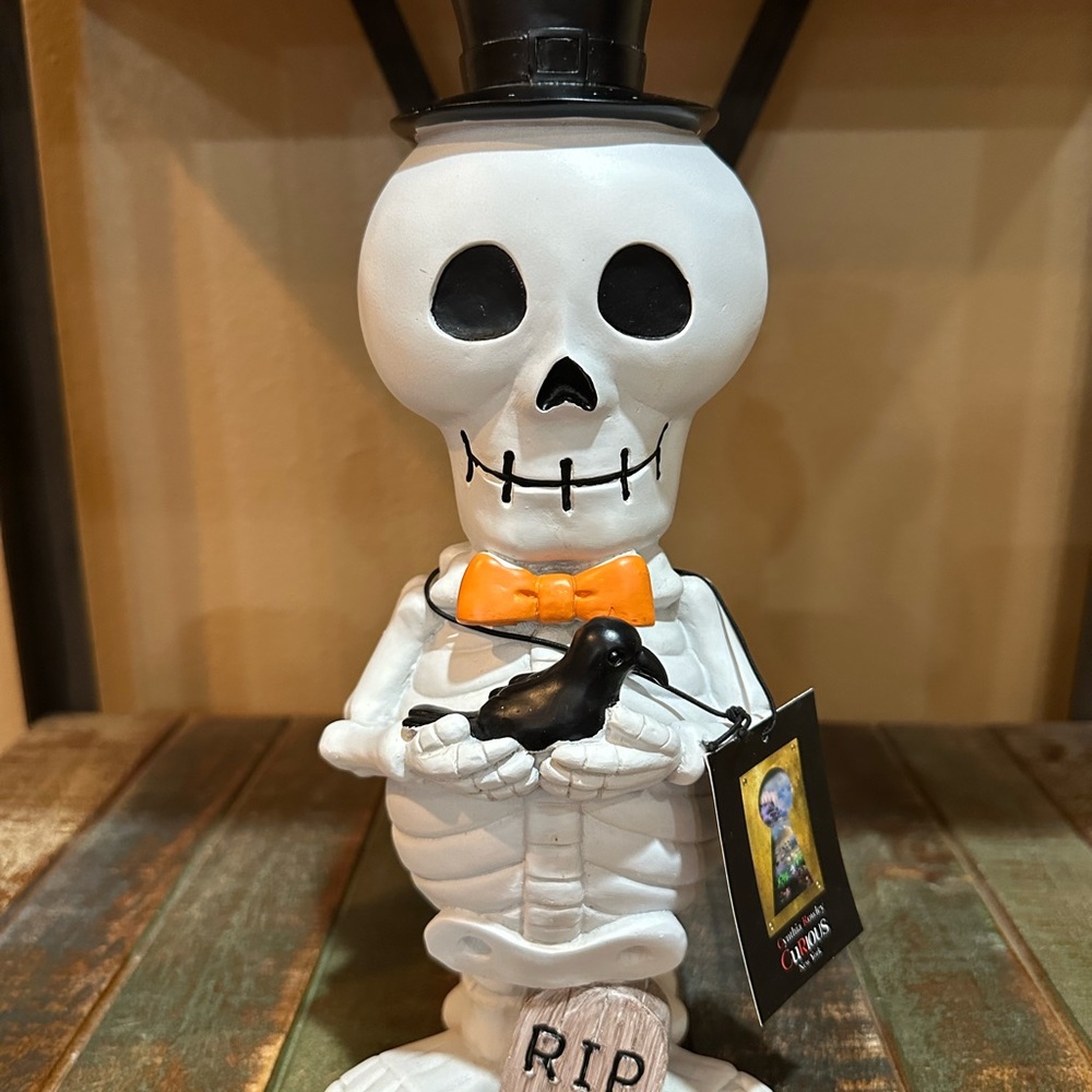 Cynthia Rowley Curious Halloween Skeleton Figurine with Orange Bow Tie